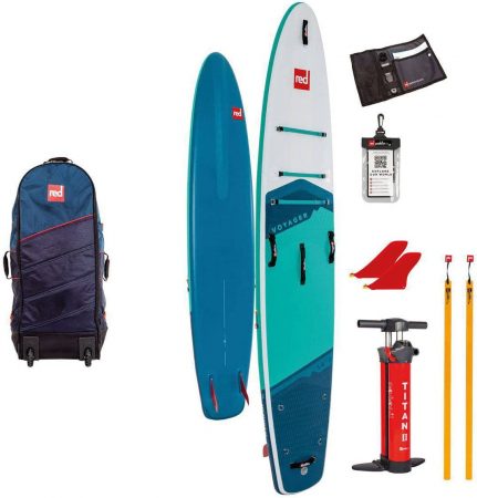 the red paddle co voyager 12 inflatable paddle board and its accessories