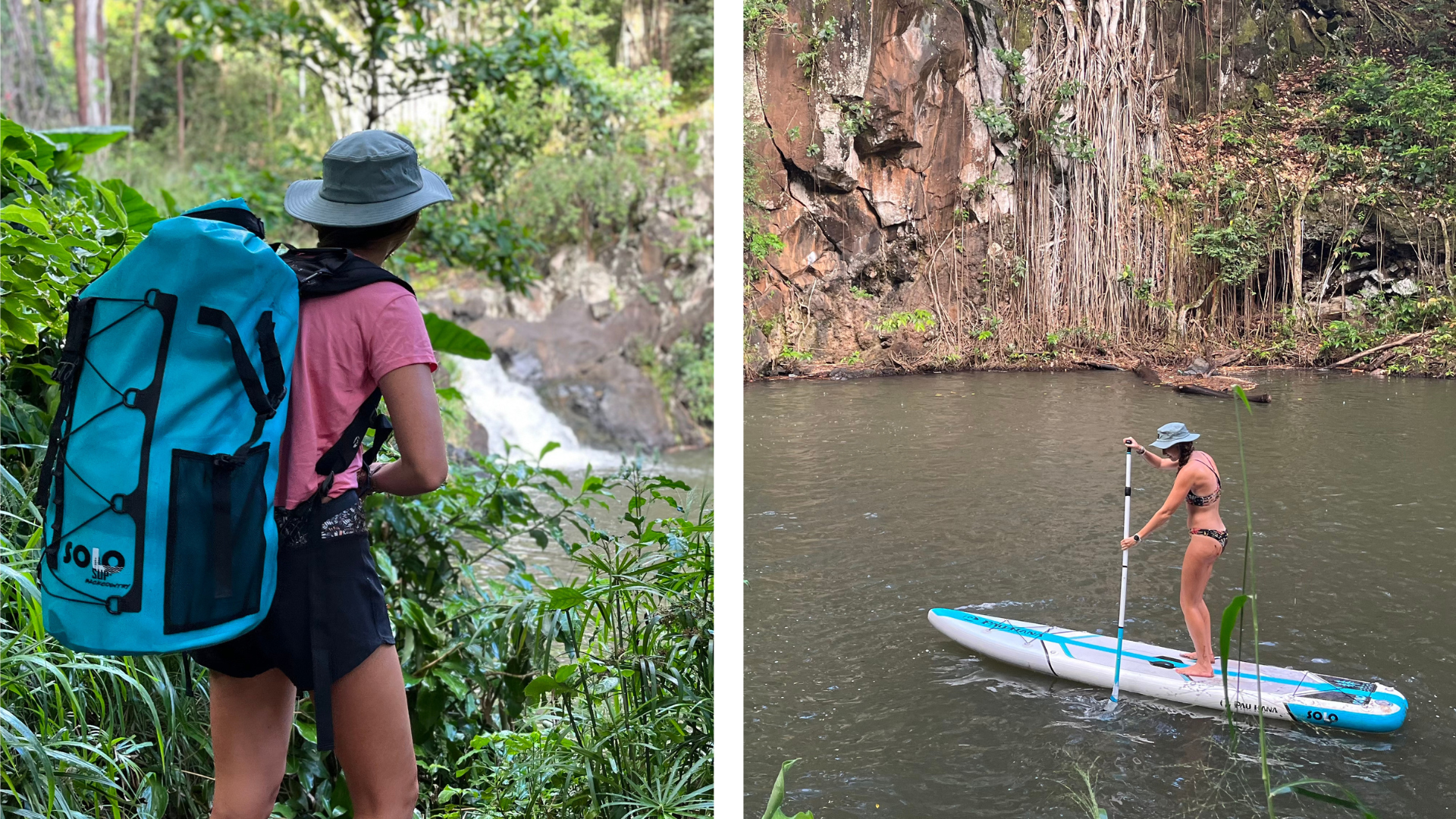 a woman hiking to a waterfall lagoon and paddling on the pau hana solo sup backcountry inflatable paddle board 