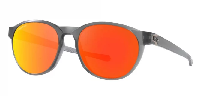 Oakley Reedmace- round gray framed sunglasses with an orange and yellow reflective lens.