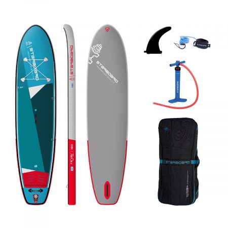 the starboard igo zen inflatable paddle board and its accessories