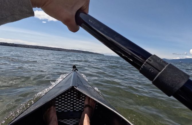 view from the cockpit of the beach lt sport folding kayak from Oru