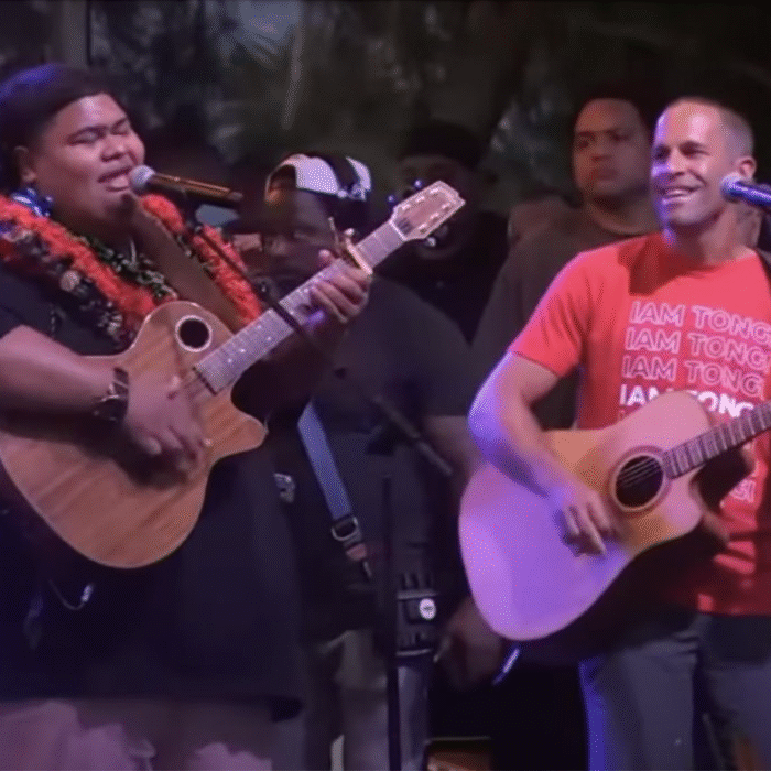 Iam Tongi and Jack Johnson performing at Turtle Bay
