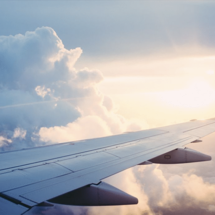 Airplane wing. Jet lag and travel.