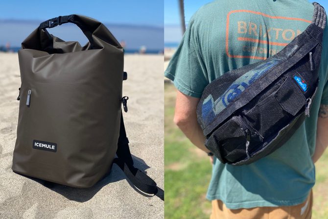 a split screen view of the Icemule r-jaunt and kavu rope bag for our review of the best beach bags.