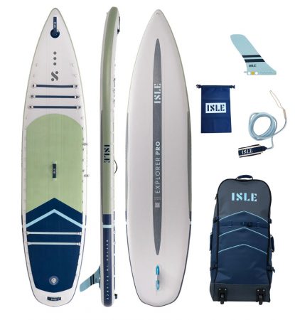 a shot of the isle explorer pro inflatable paddleboard and accessories against a white background