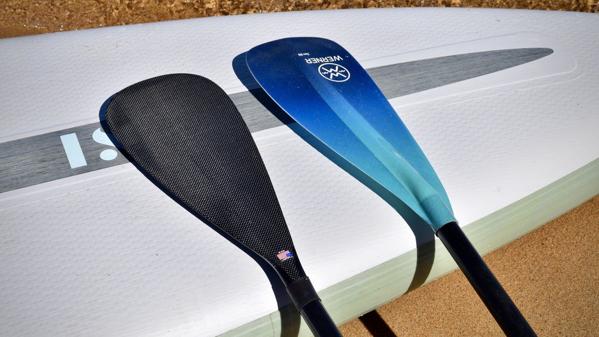 showing a close up shot of the werner zen 95 and the Kialoa Pipes II adjustable SUP Paddles