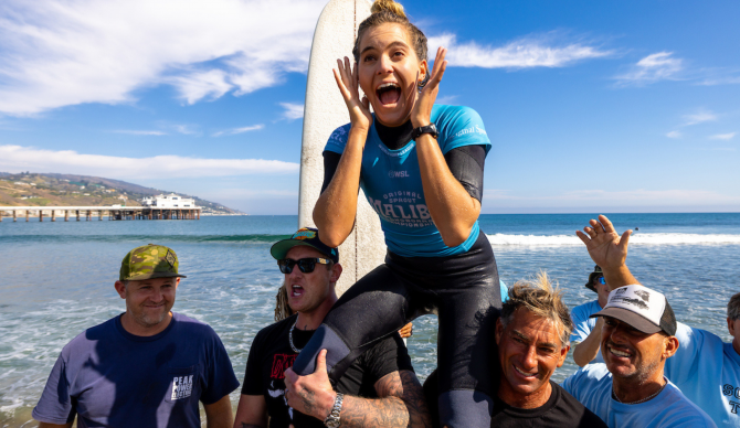 MALIBU, CALIFORNIA - OCTOBER 9: WSL Longboard Champion Soleil Errico of the United States after winning the Title Match at the Original Sprout Malibu Longboard Championships Presented by Tractor Beverage Company on October 9, 2023 at Malibu, California. (Photo by Tommy Pierucki/World Surf League)