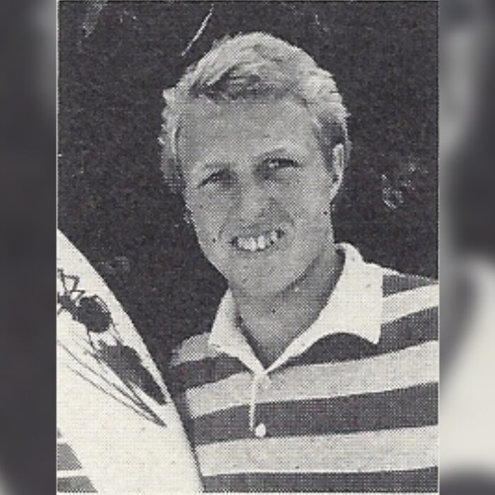 Dennis Jarvis holding the surfboard that started his career. Photo: DJ