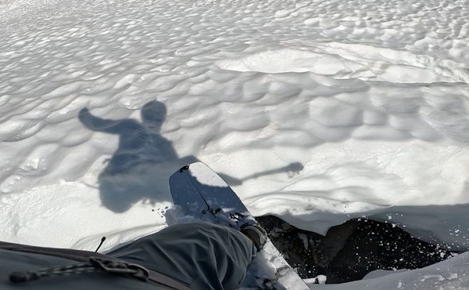 Jumping over a gap on the jones Mind Expander splitboard