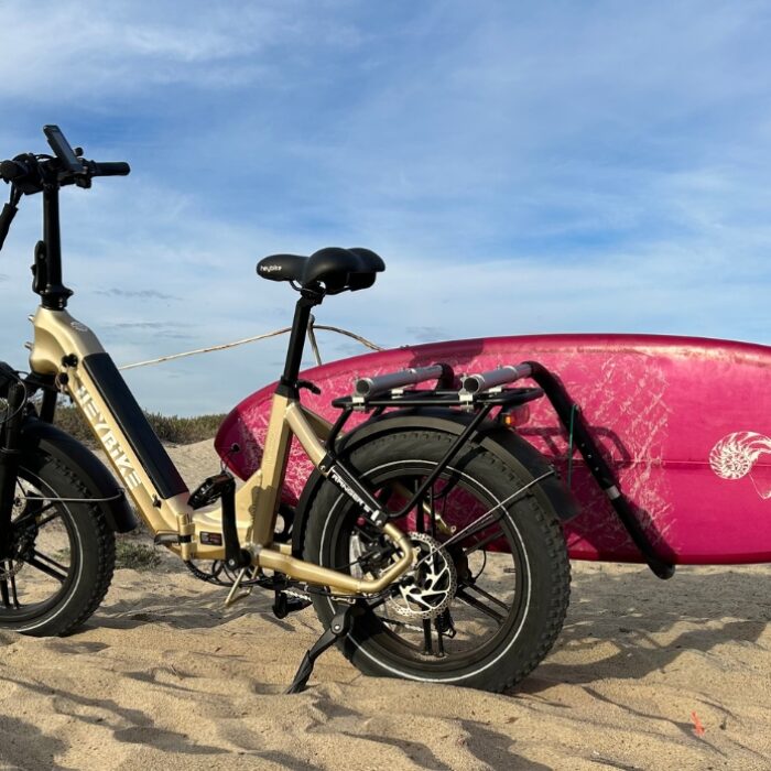 Heybike Ranger S Fat Tire Electric Bike with a surfboard rack makes the commute to surf a cinch. Photo: The Inertia