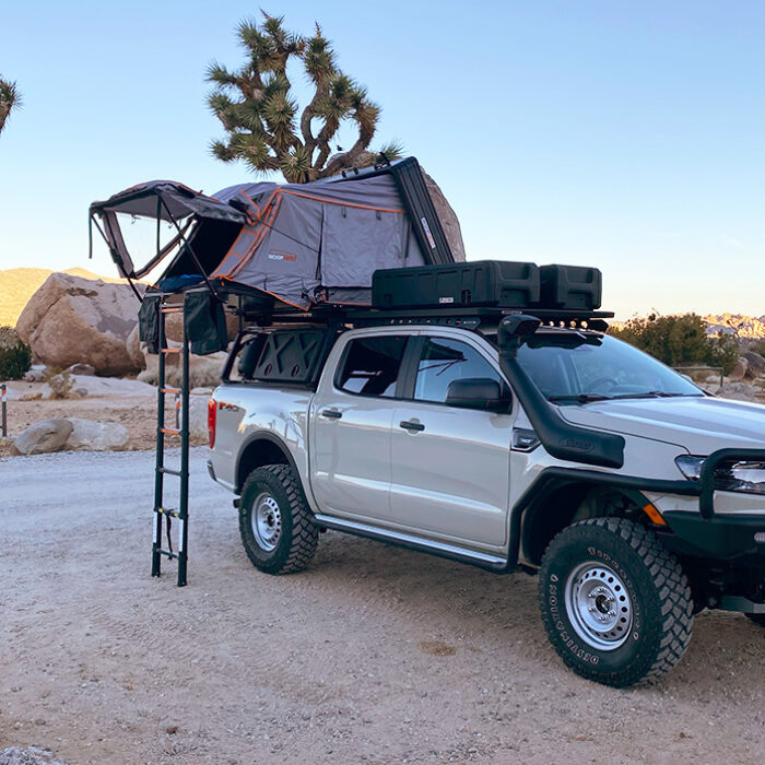 a truck with the condor 2 rooftop tent parked in Joshua Tree national park