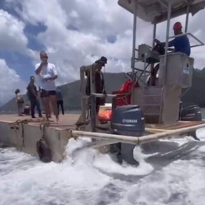 Video of the judging tower construction barge. Photo: Save Teahupoo // Instagram