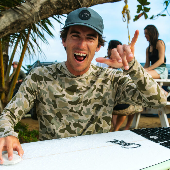 The Free Fly Ambassador wears the comfy, protective Bamboo Shade Long Sleeve and his trusty Wave 5-Panel Hat (photo/Free Fly)