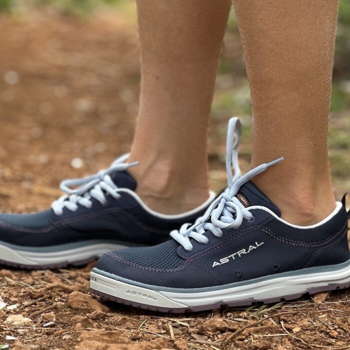 close up of astral brewess 2.0 water shoes on a trail