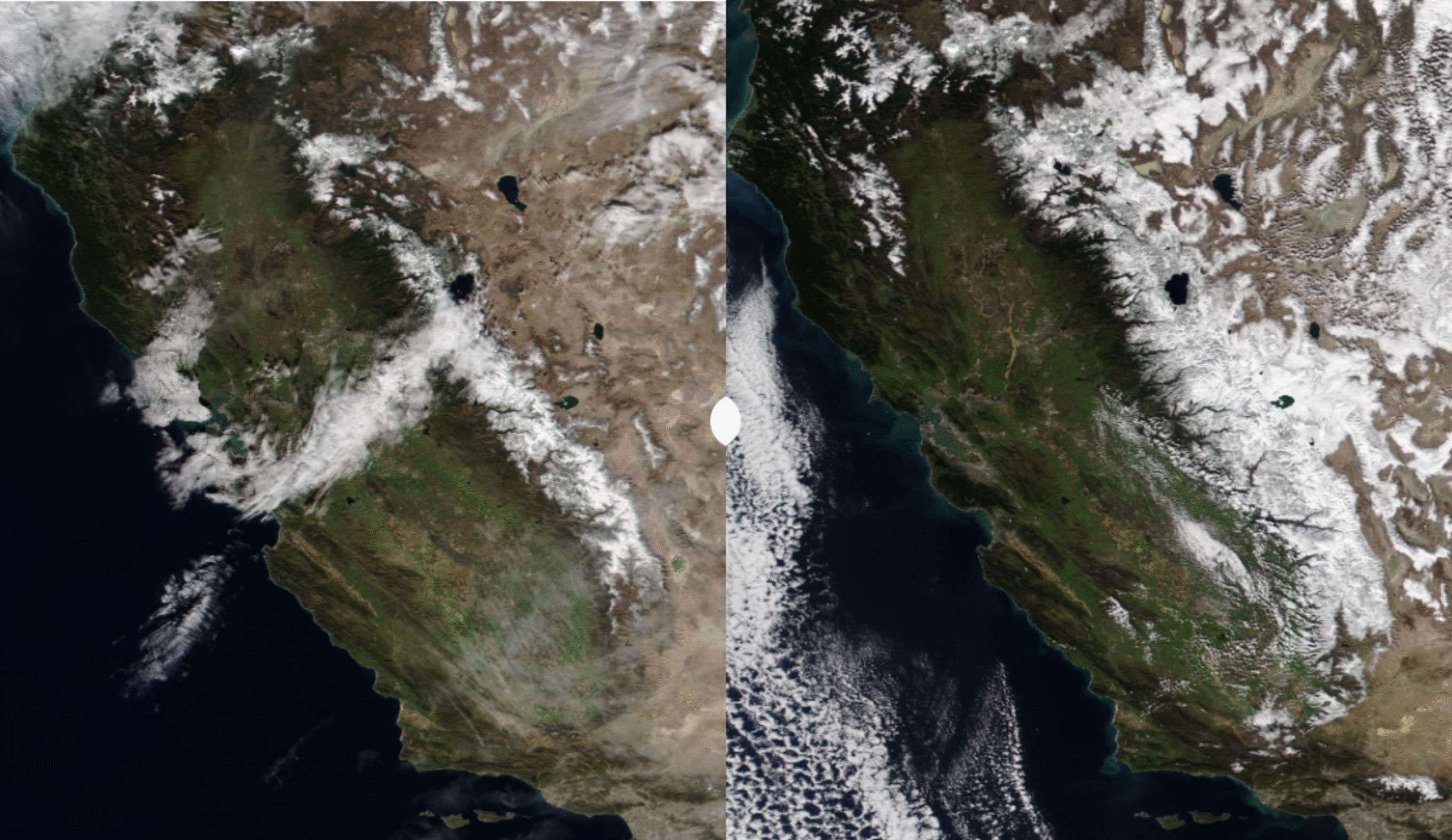 Satellite images from show how the Pineapple Express affected California's Sierra Mountain range on 1/28 (left) and 2/10 (right.) Image: NASA