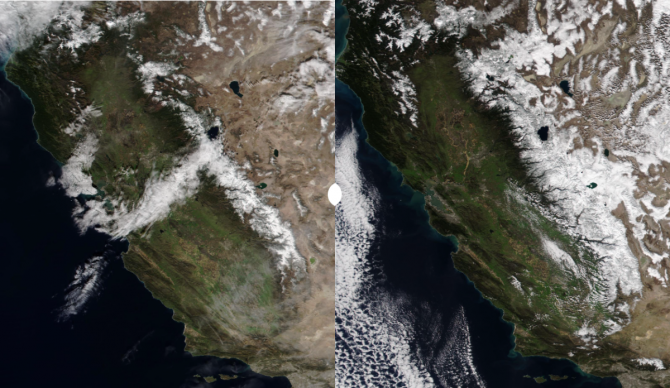 Satellite images from show how the Pineapple Express affected California's Sierra Mountain range on 1/28 (left) and 2/10 (right.) Image: NASA