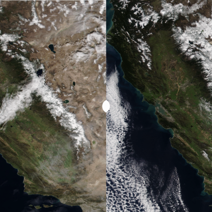 Satellite images from show how the Pineapple Express affected California's Sierra Mountain range on 1/28 (left) and 2/10 (right.) Image: NASA