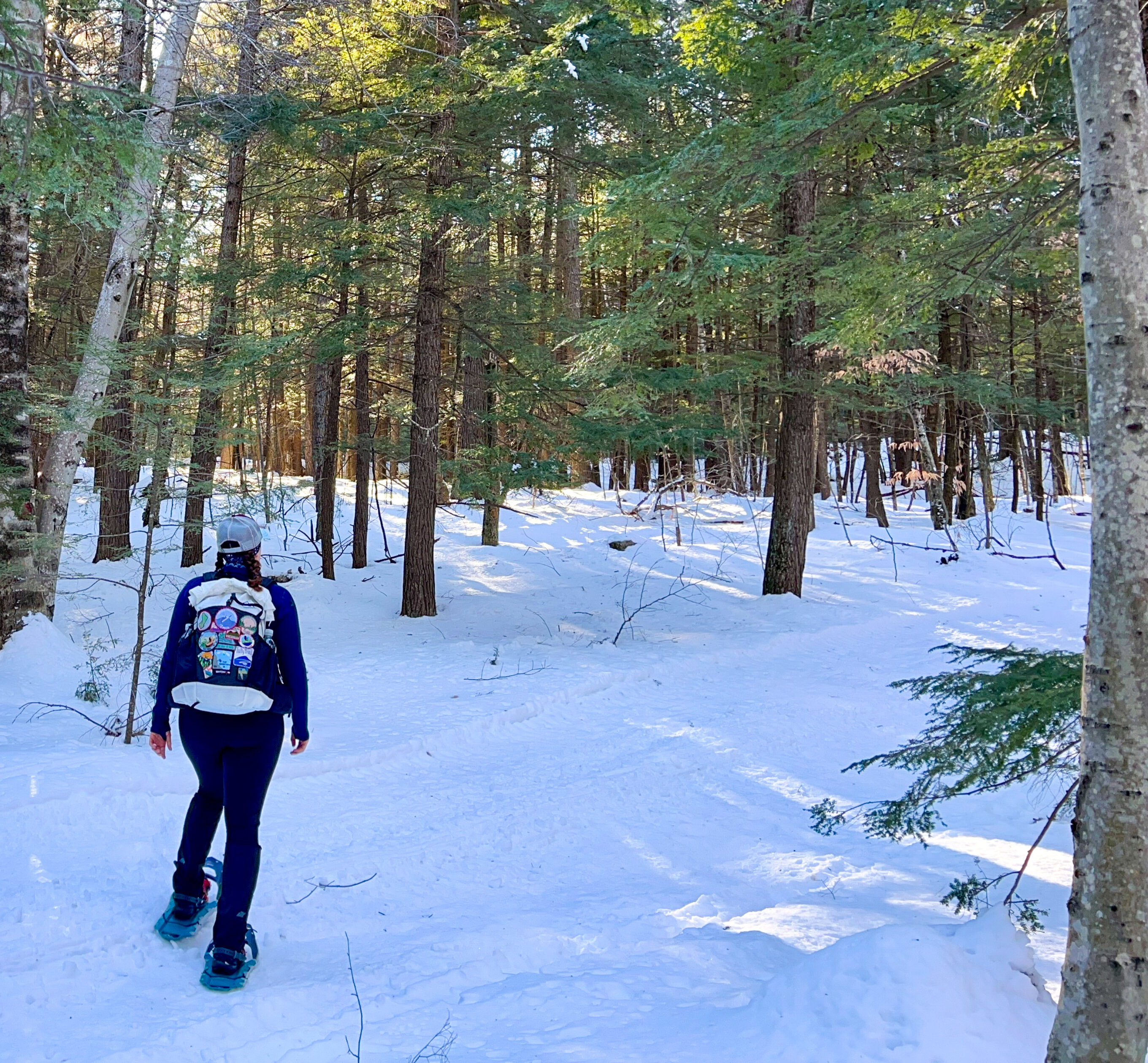 A woman walks along a flat trail wearing the MSR Revo Ascent snowshoes