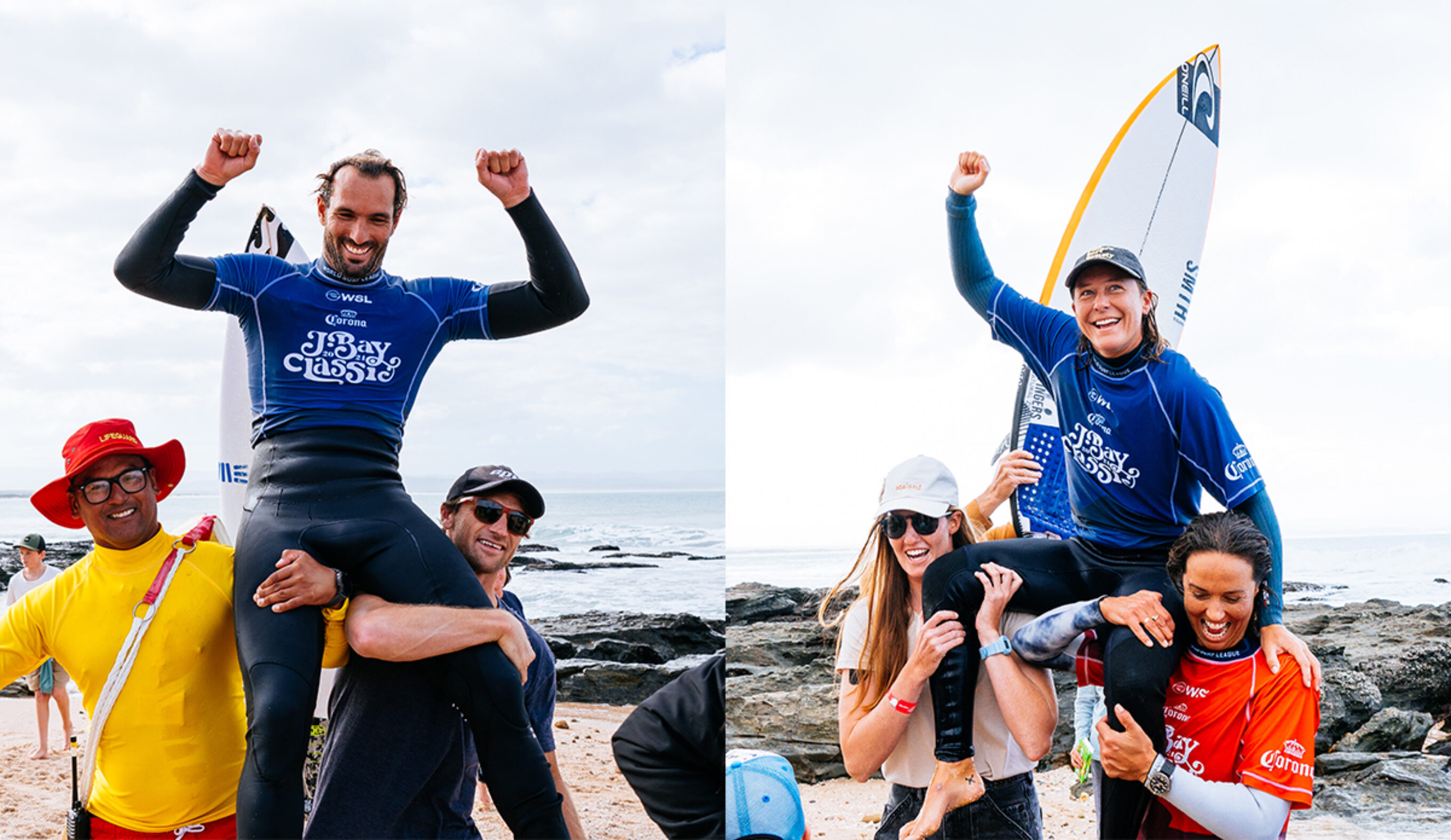 Frederico Morais and Sarah Baum held aloft after their wins. Photo: Kody McGregor // WSL