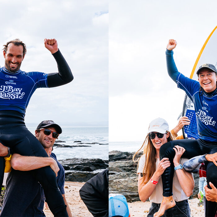Frederico Morais and Sarah Baum held aloft after their wins. Photo: Kody McGregor // WSL