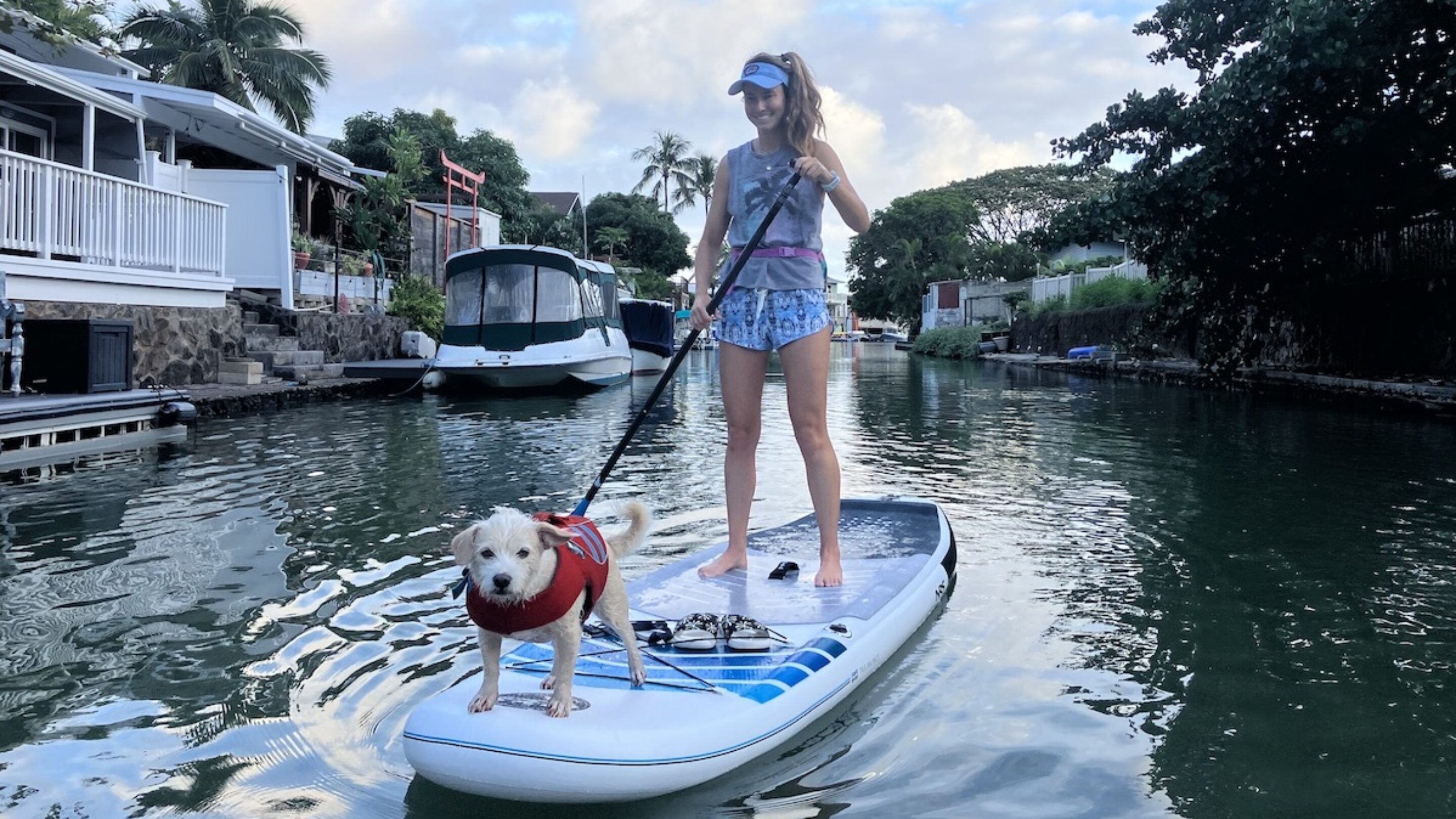 a woman stand up paddling with her dog