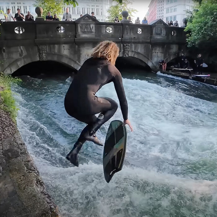 Blair Conklin drops into Germany's most famous river surfing wave. Photo: Blair Conklin // YouTube