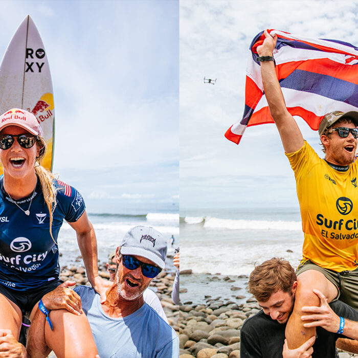 Caroline Marks and John John Florence have won the Surf City El Salvador Pro CT event. Photos: WSL