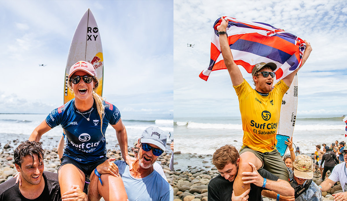 Caroline Marks and John John Florence have won the Surf City El Salvador Pro CT event. Photos: WSL