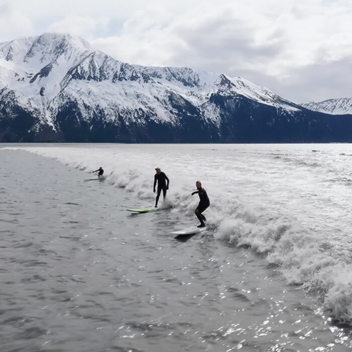 Jamie O'Brien tests his endurance on a 20 minute long tidal bore wave in Alaska. Photo: Jamie O'Brien // YouTube