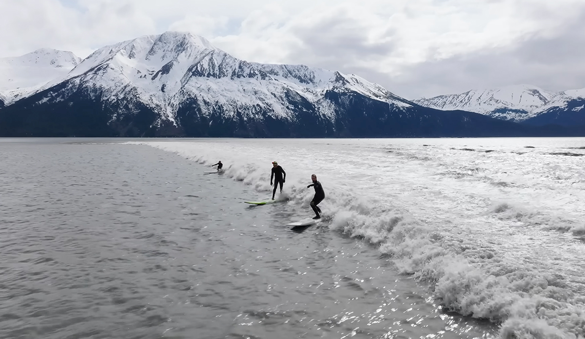 Jamie O'Brien tests his endurance on a 20 minute long tidal bore wave in Alaska. Photo: Jamie O'Brien // YouTube