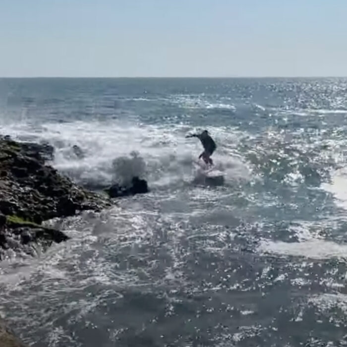 Ben Gravy just barely made it out at this rocky SoCal secret spot. Photo: Ben Gravy // YouTube