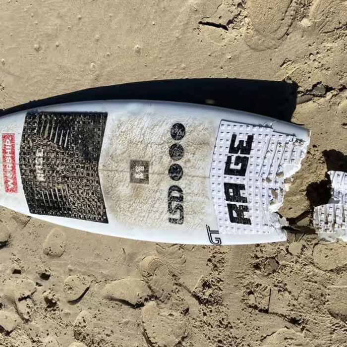 Kai McKenzie's board, shortly after a shark attack severed his leg. Photo: NSW Police