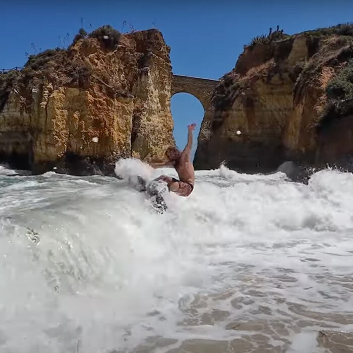 Blair Conklin tore up a previously unskimmed cove in Lagos, Portugal. Photo: Skid Kids // YouTube