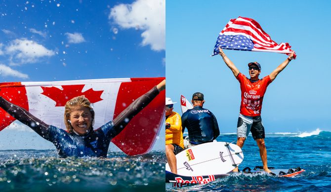 Erin Brooks and Griffin Colapinto raising their flags aloft after victories at the 2024 Fiji Pro. Photos: Matt Dunbar, Aaron Hughes // WSL