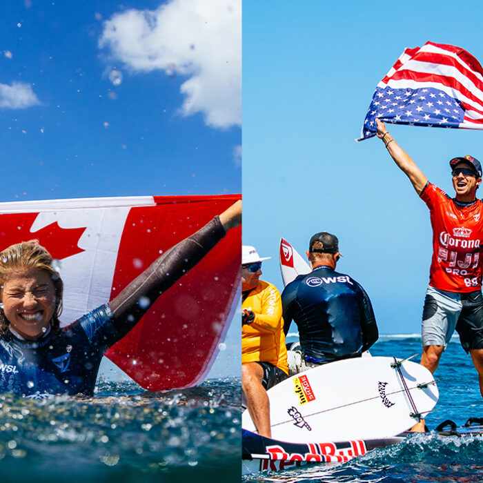 Erin Brooks and Griffin Colapinto raising their flags aloft after victories at the 2024 Fiji Pro. Photos: Matt Dunbar, Aaron Hughes // WSL