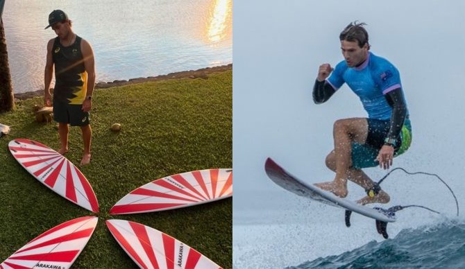 Jack Robinson's boards before and after South Korean officials requested he remove an Andy Irons-inspired design. Photos: Jack Robinson // Instagram