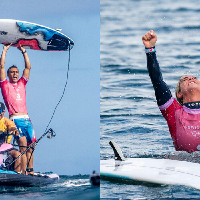 Kauli Vaast and Caroline Marks took Gold in the second ever surfing events at the Olympic Games. Photos: Pablo Jimenez, Tim McKenna // ISAjpg