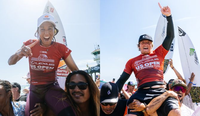 Sally Fitzgibbons and Alan Cleland won the 2024 US Open of Surfing. Photos: Emma Sharon, Pat Nolan // WSL