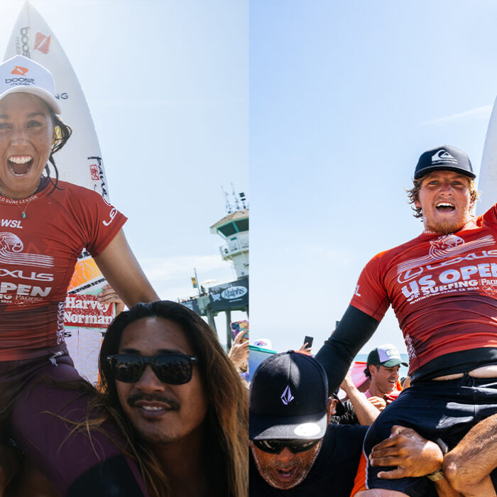 Sally Fitzgibbons and Alan Cleland won the 2024 US Open of Surfing. Photos: Emma Sharon, Pat Nolan // WSL