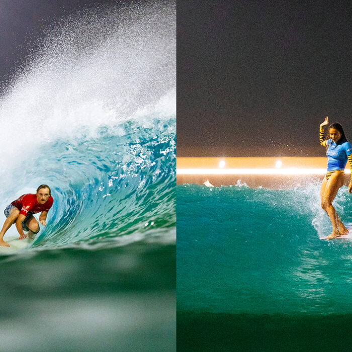 Steven Sawyer (Left) and Alice Lemoigne (Right) Won the 2024 Abu Dhabi Longboard Classic Photo: Tommy Pierucki // WSL