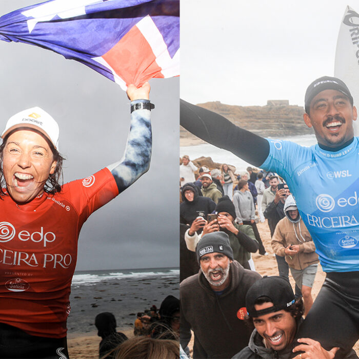 Sally Fitzgibbons and Samuel Pupo won the Ericeira Pro. Photo: Laurent Masurel // WSL