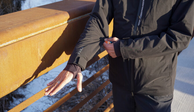 showing the wrist gaiter on the paka apu parka