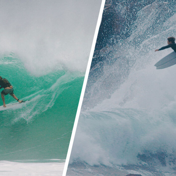 Laurie Towner and Bryce Young surfing Cyclone Alfred