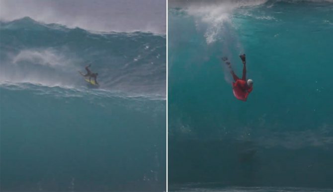 Dave Hubbard and Guilherme Tâmega bodyboarding Pipeline