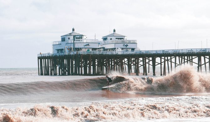 Trace Marshall surfing the southside of the Malibu Pier, winter 2018. Photo: J.D. Stroud