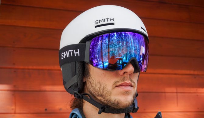 Wearing the smith I/O Mag snow goggles