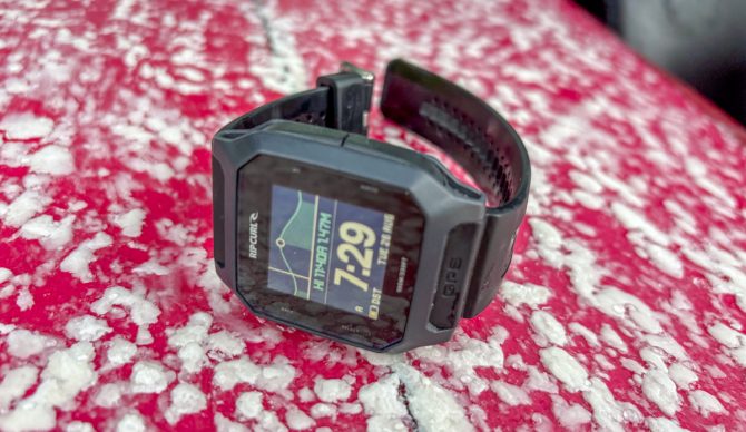 Rip Curl Search GPS3 surf watch on surfboard