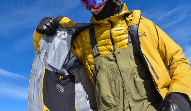 strap and close up view of the Mountain Hardwear High Exposure Bibs