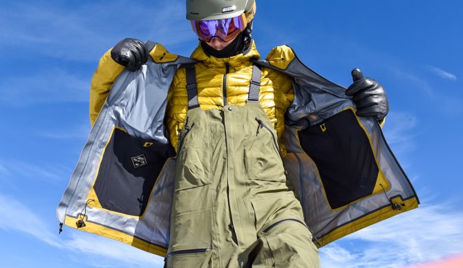 front open view of the Mountain Hardwear High Exposure Bibs