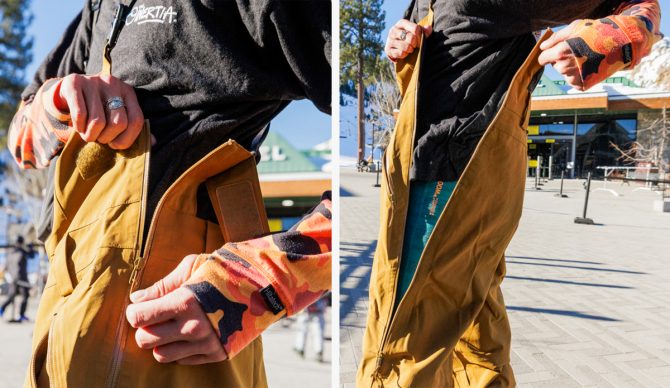 side zipper on the flylow baker bibs